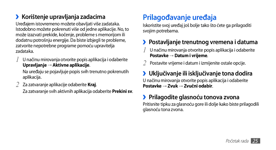 Samsung GT-S5670HKAVIP Prilagođavanje uređaja, ››Korištenje upravljanja zadacima, ››Prilagodite glasnoću tonova zvona 