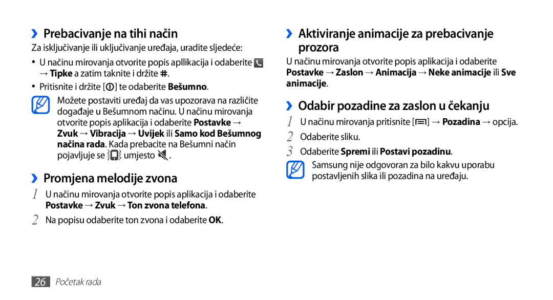 Samsung GT-S5670HKATWO ››Prebacivanje na tihi način, ››Promjena melodije zvona, ››Odabir pozadine za zaslon u čekanju 