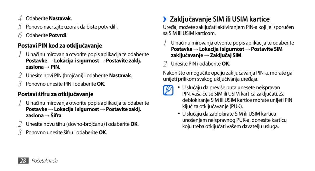 Samsung GT-S5670PWATWO, GT-S5670HKAVIP manual ››Zaključavanje SIM ili Usim kartice, Postavi PIN kod za otključavanje 