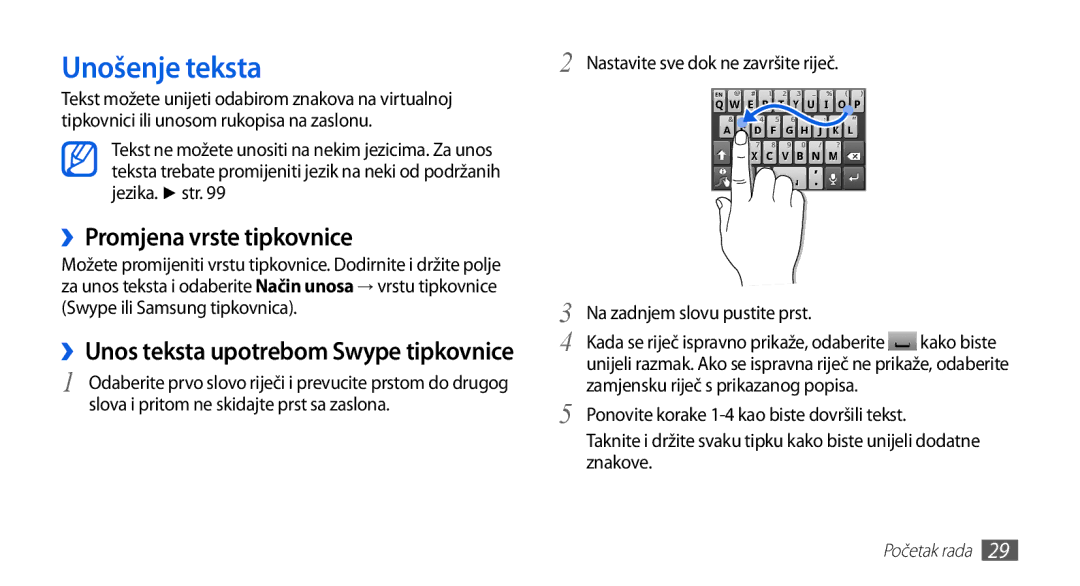 Samsung GT-S5670HKAVIP manual Unošenje teksta, ››Promjena vrste tipkovnice, ››Unos teksta upotrebom Swype tipkovnice 