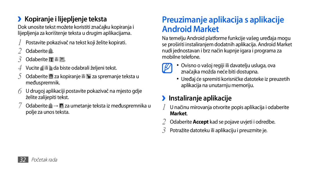 Samsung GT-S5670PWATWO manual Preuzimanje aplikacija s aplikacije Android Market, ››Kopiranje i lijepljenje teksta 