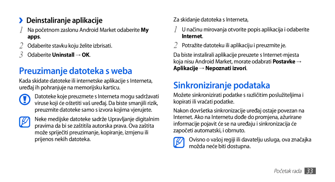 Samsung GT-S5670HKAVIP manual Preuzimanje datoteka s weba, Sinkroniziranje podataka, ››Deinstaliranje aplikacije, Apps 