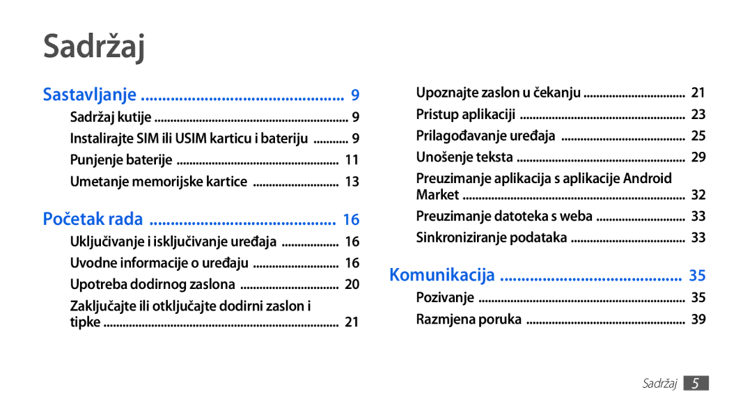 Samsung GT-S5670HKAVIP, GT-S5670PWATWO, GT-S5670HKATWO, GT-S5670HKATEM manual Sadržaj, Početak rada 