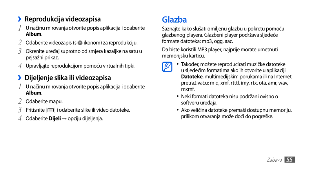 Samsung GT-S5670HKATEM, GT-S5670PWATWO, GT-S5670HKAVIP, GT-S5670HKATWO manual Glazba, ››Reprodukcija videozapisa 