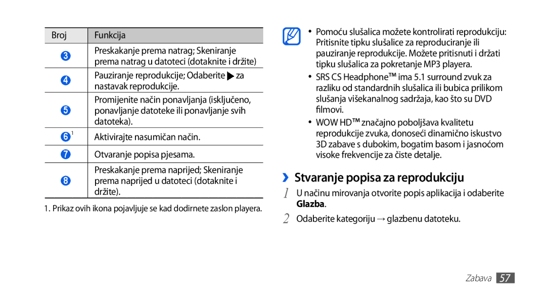 Samsung GT-S5670HKAVIP manual ››Stvaranje popisa za reprodukciju, Ponavljanje datoteke ili ponavljanje svih datoteka 