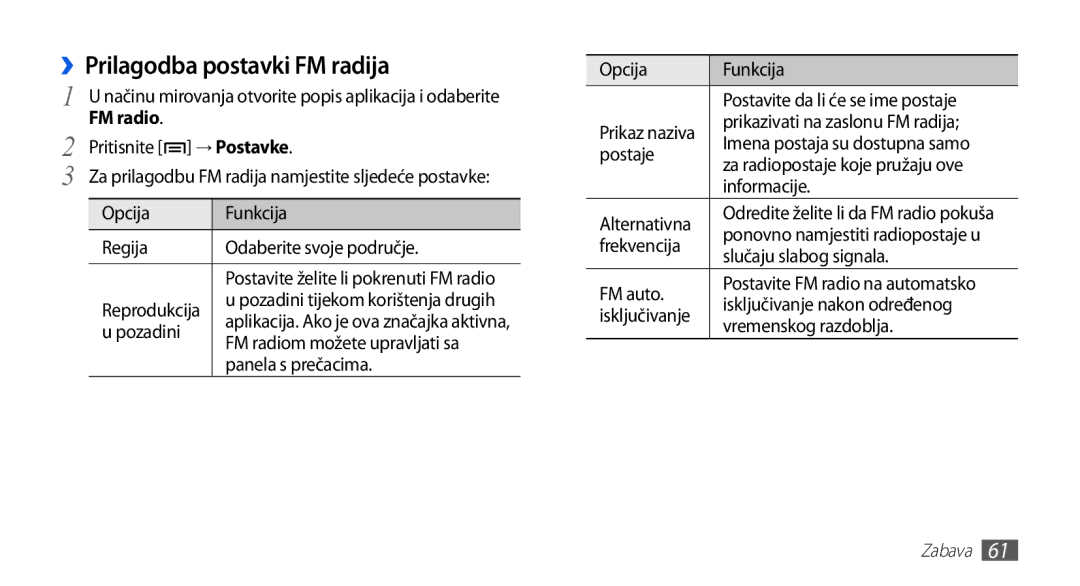 Samsung GT-S5670HKAVIP, GT-S5670PWATWO, GT-S5670HKATWO, GT-S5670HKATEM manual ››Prilagodba postavki FM radija 