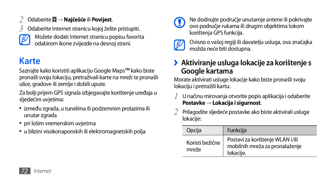 Samsung GT-S5670PWATWO manual Karte, Google kartama, Odaberite → Najčešće ili Povijest, Postavke → Lokacija i sigurnost 