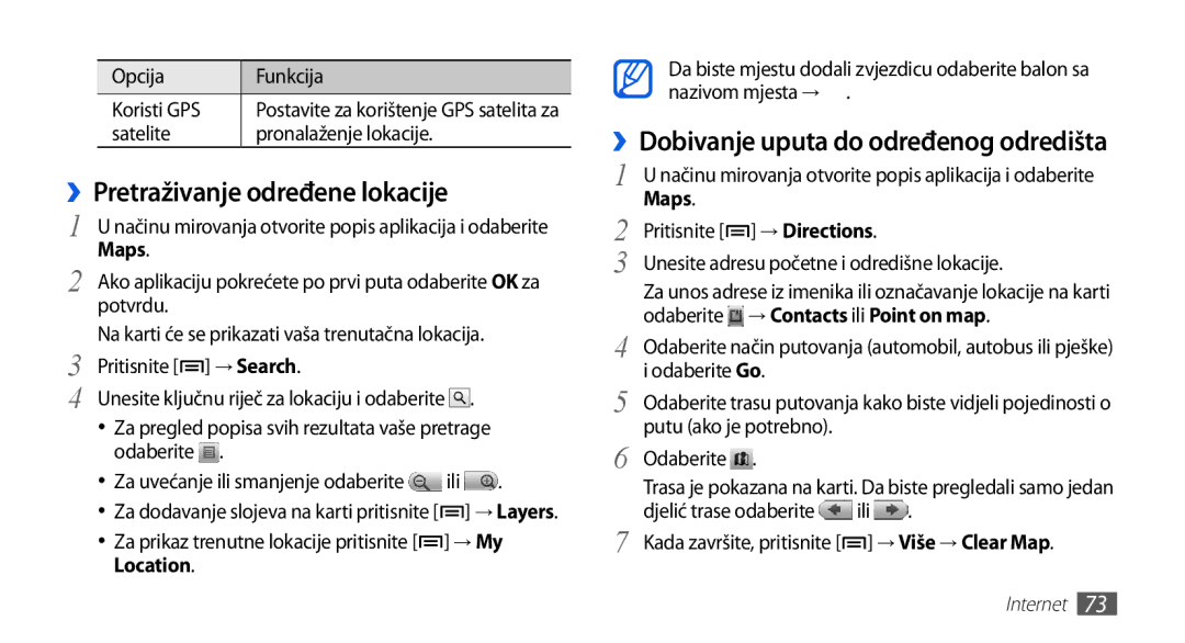 Samsung GT-S5670HKAVIP manual ››Pretraživanje određene lokacije, Maps, Location, Odaberite → Contacts ili Point on map 