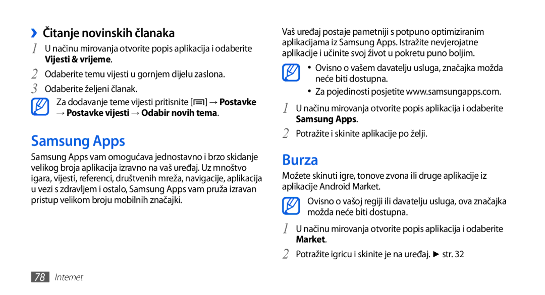 Samsung GT-S5670HKATWO manual Samsung Apps, Burza, ››Čitanje novinskih članaka, → Postavke vijesti → Odabir novih tema 