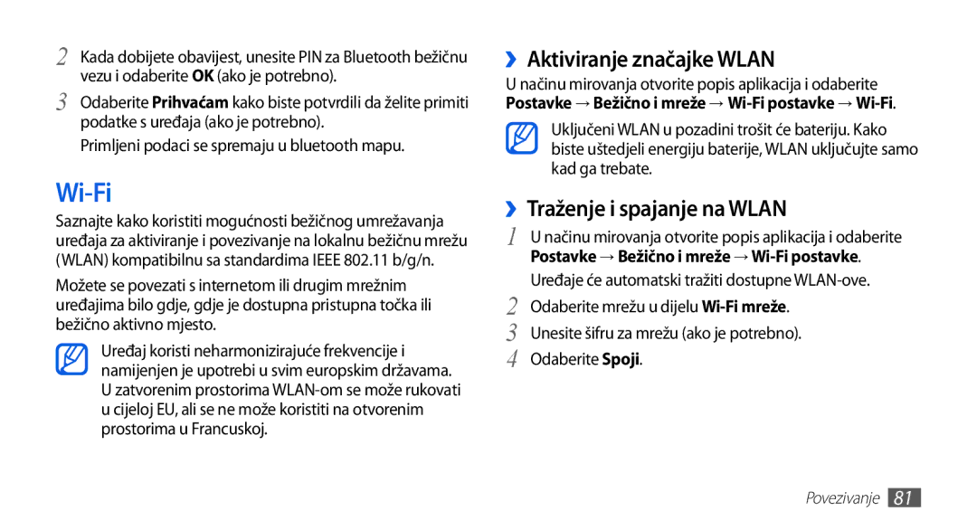 Samsung GT-S5670HKAVIP, GT-S5670PWATWO, GT-S5670HKATWO Wi-Fi, ››Aktiviranje značajke Wlan, ››Traženje i spajanje na Wlan 