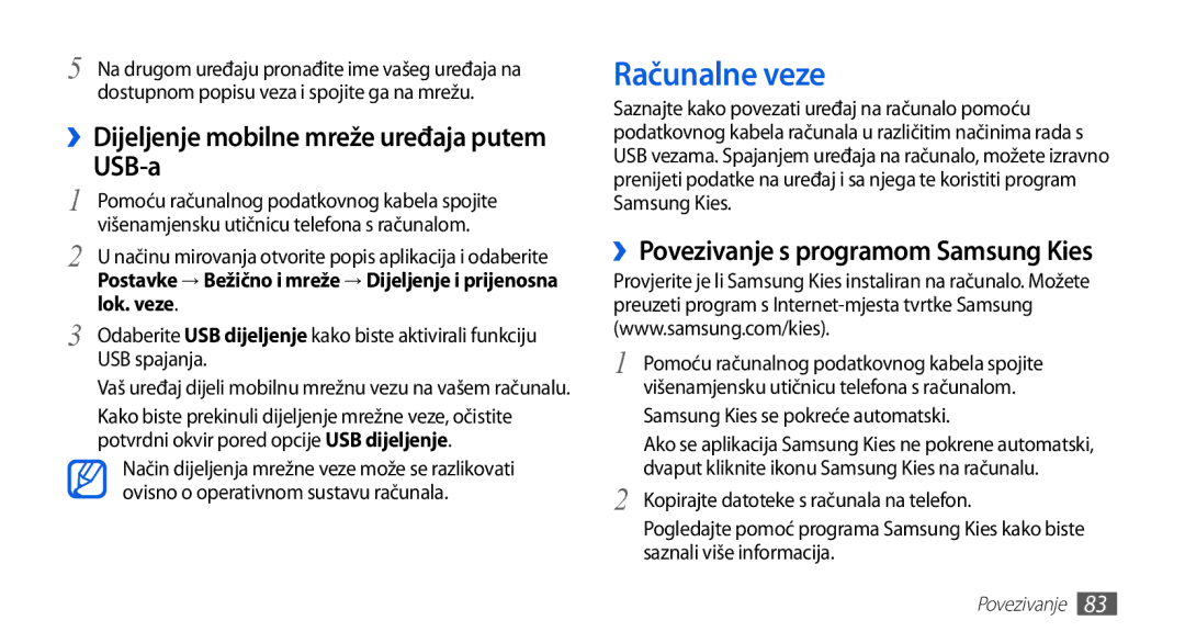 Samsung GT-S5670HKATEM, GT-S5670PWATWO, GT-S5670HKAVIP manual Računalne veze, USB-a, Samsung Kies se pokreće automatski 