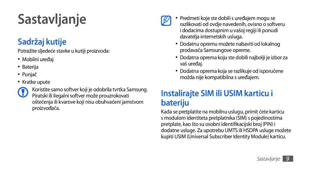 Samsung GT-S5670HKAVIP, GT-S5670PWATWO manual Sastavljanje, Sadržaj kutije, Instalirajte SIM ili Usim karticu i bateriju 