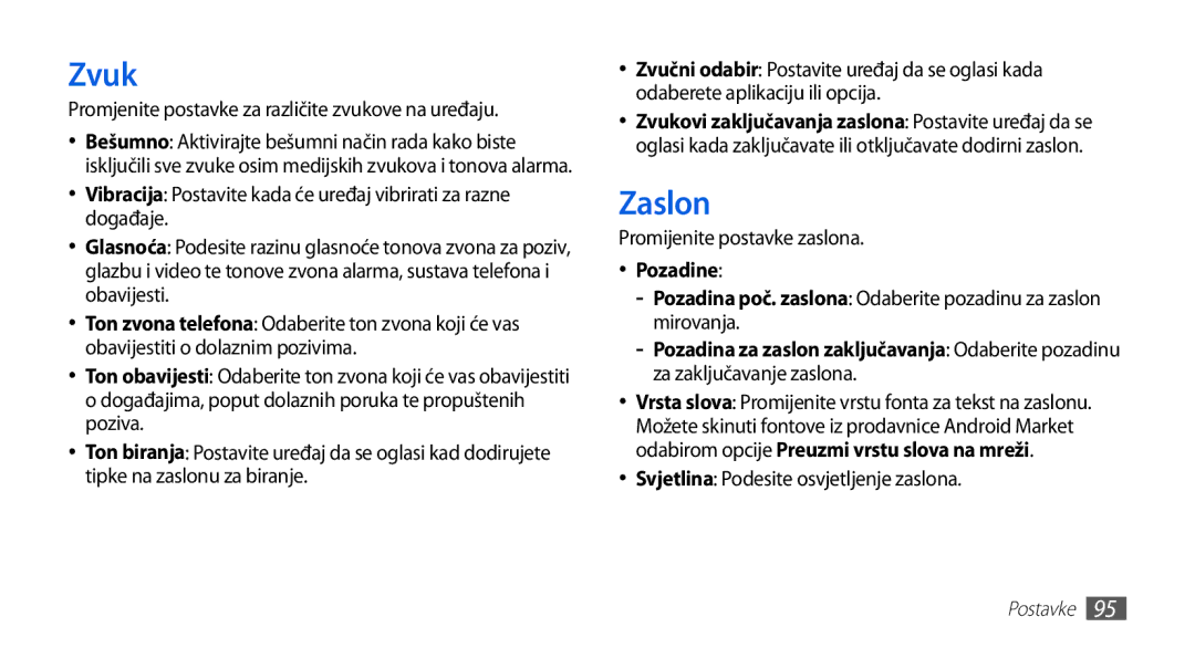 Samsung GT-S5670HKATEM, GT-S5670PWATWO Zvuk, Zaslon, Promijenite postavke zaslona, Svjetlina Podesite osvjetljenje zaslona 