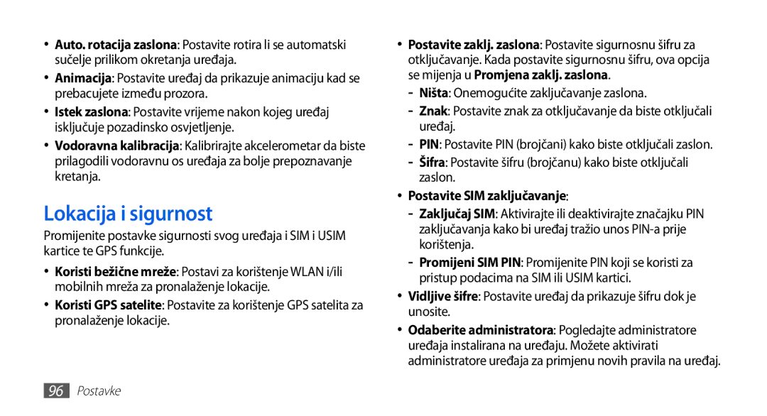 Samsung GT-S5670PWATWO, GT-S5670HKAVIP Lokacija i sigurnost, Šifra Postavite šifru brojčanu kako biste otključali zaslon 