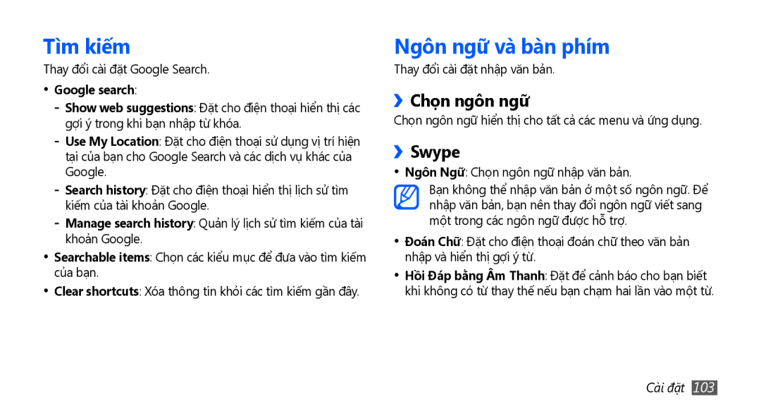 Samsung GT-S5670PWAXEV, GT-S5670PWAXXV manual Tìm kiêm, Ngôn ngữ và bàn phím, ››Chọn ngôn ngữ, ››Swype, Google search 