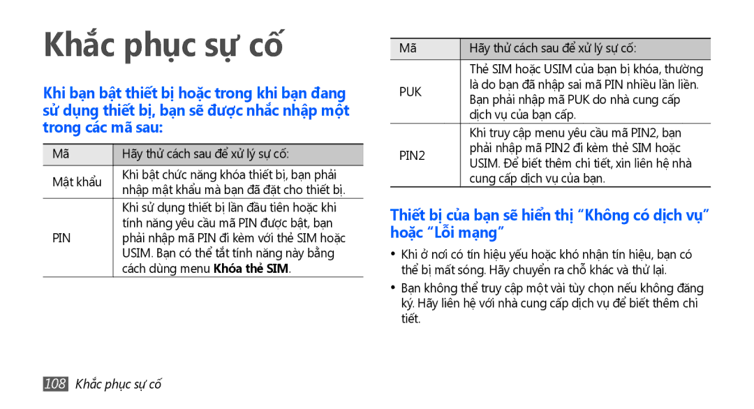 Samsung GT-S5670PWAXXV, GT-S5670HKAXEV, GT-S5670HKAXXV, GT-S5670PWAXEV manual 108 Khắc phục sự cố 