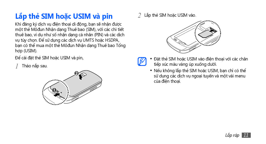 Samsung GT-S5670PWAXEV, GT-S5670PWAXXV, GT-S5670HKAXEV, GT-S5670HKAXXV manual Lắp thẻ SIM hoặc Usim và pin, Lắp ráp 