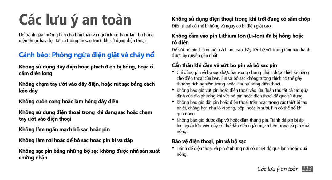 Samsung GT-S5670HKAXEV Các lưu ý an toàn, Cẩn thận khi cầm và vứt bỏ pin và bộ sạc pin, Bả̉o vệ điện thoại, pin và bộ sạc 