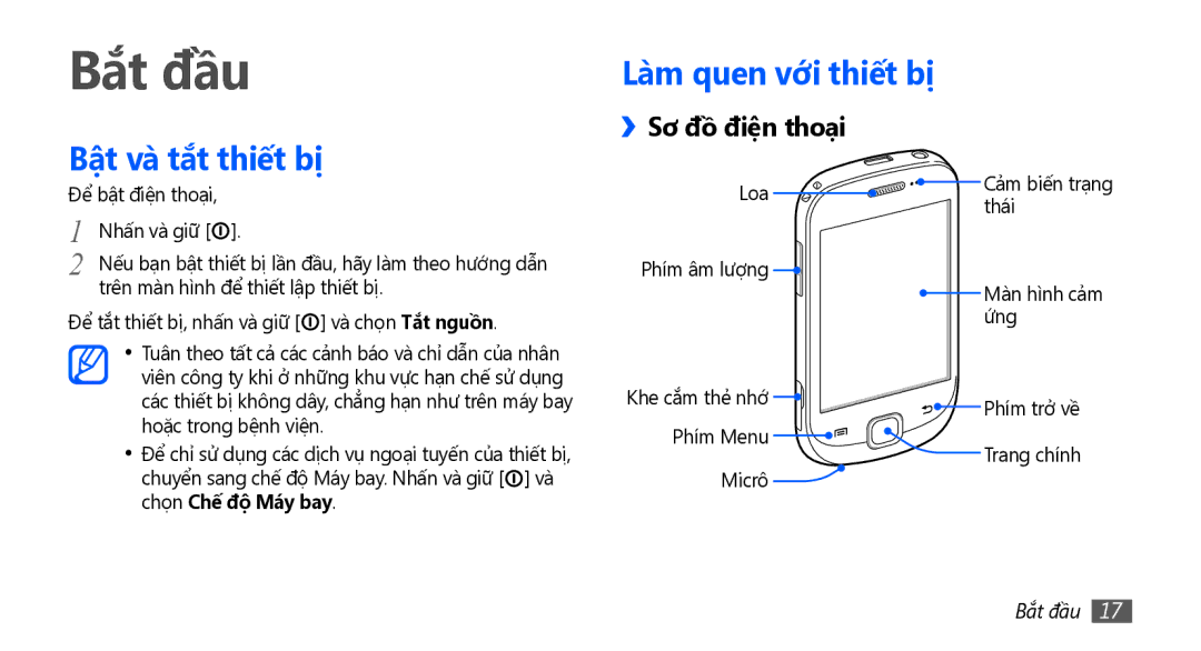 Samsung GT-S5670HKAXEV, GT-S5670PWAXXV manual Bắt đầu, Bật và tắt thiết bị, Làm quen vơi thiết bị, ››Sơ đồ điện thoại 