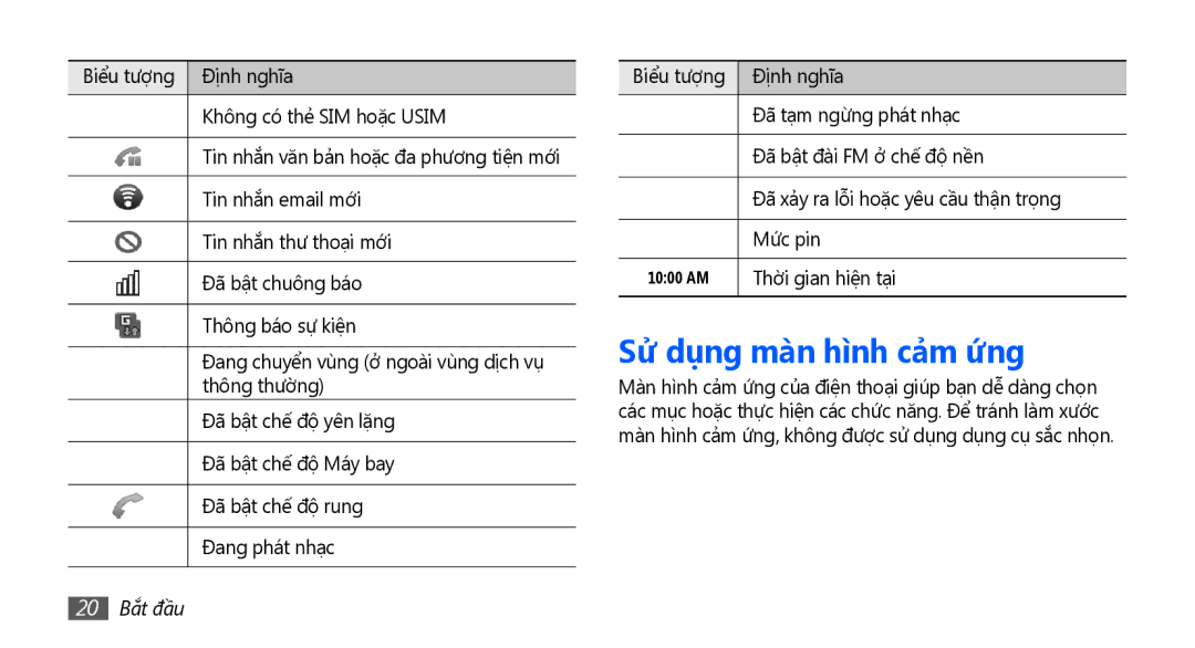 Samsung GT-S5670PWAXXV, GT-S5670HKAXEV, GT-S5670HKAXXV manual Sư dụng màn hình cả̉m ứng, Thời gian hiện tại, 20 Bắt đầu 