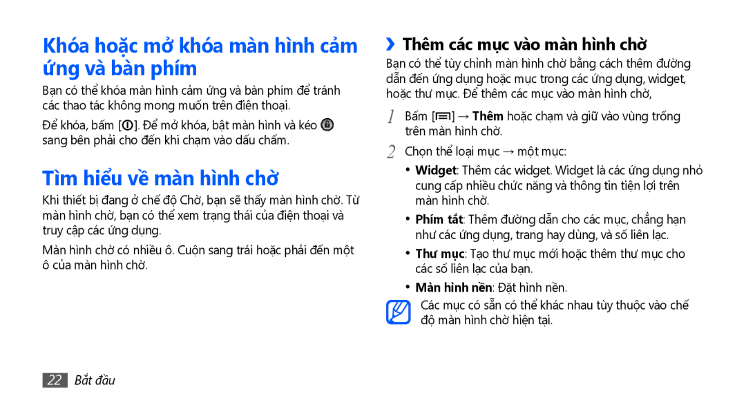 Samsung GT-S5670HKAXXV manual Khóa hoặc mở khóa màn hình cả̉m ứng và bàn phím, Tìm hiểu về màn hình chờ, 22 Bắt đầu 