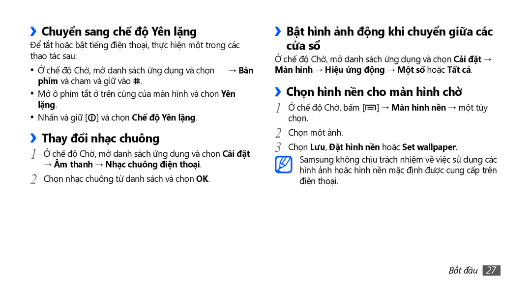 Samsung GT-S5670PWAXEV manual ››Chuyển sang chế độ Yên lặng, ››Thay đổi nhạc chuông, ››Chọn hình nền cho màn hình chờ 