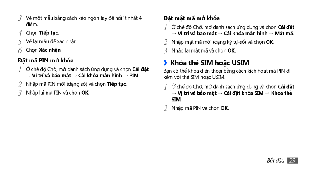 Samsung GT-S5670HKAXEV, GT-S5670PWAXXV, GT-S5670HKAXXV manual ››Khóa thẻ SIM hoặc Usim, Chọn Tiếp tục, Chọn Xác nhận 