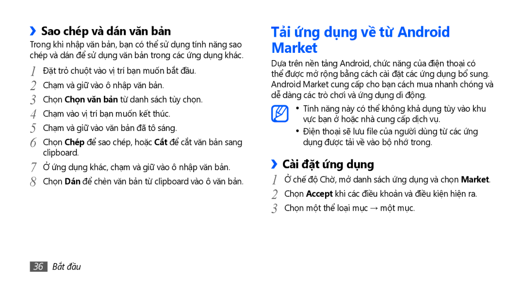 Samsung GT-S5670PWAXXV manual Tả̉i ứng dụng về từ Android Market, ››Sao chép và dán văn bả̉n, Cài đặt ứng dụng, 36 Bắt đầu 