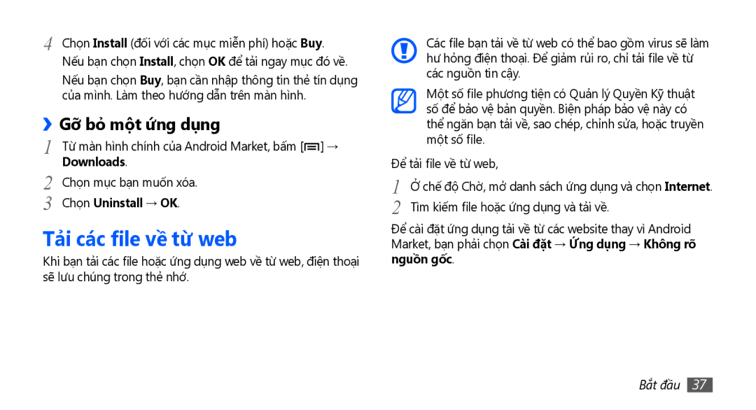 Samsung GT-S5670HKAXEV manual Tả̉i các file về từ web, ››Gỡ bỏ một ứng dụng, Downloads, Chọn Uninstall → OK, Nguồn gốc 