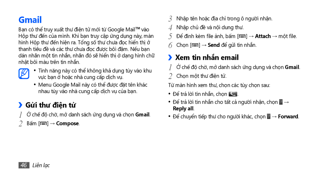 Samsung GT-S5670HKAXXV, GT-S5670PWAXXV, GT-S5670HKAXEV Gmail, Gửi thư điện tử, Xem tin nhắn email, Reply all, 46 Liên lạc 