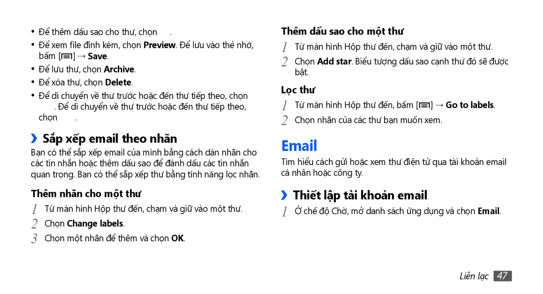 Samsung GT-S5670PWAXEV, GT-S5670PWAXXV manual ››Sắp xếp email theo nhãn, ››Thiết lập tài khoả̉n email, Chọn Change labels 