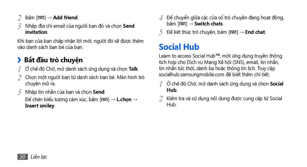 Samsung GT-S5670HKAXXV, GT-S5670PWAXXV, GT-S5670HKAXEV, GT-S5670PWAXEV manual Social Hub, Bắt đầu trò chuyện 