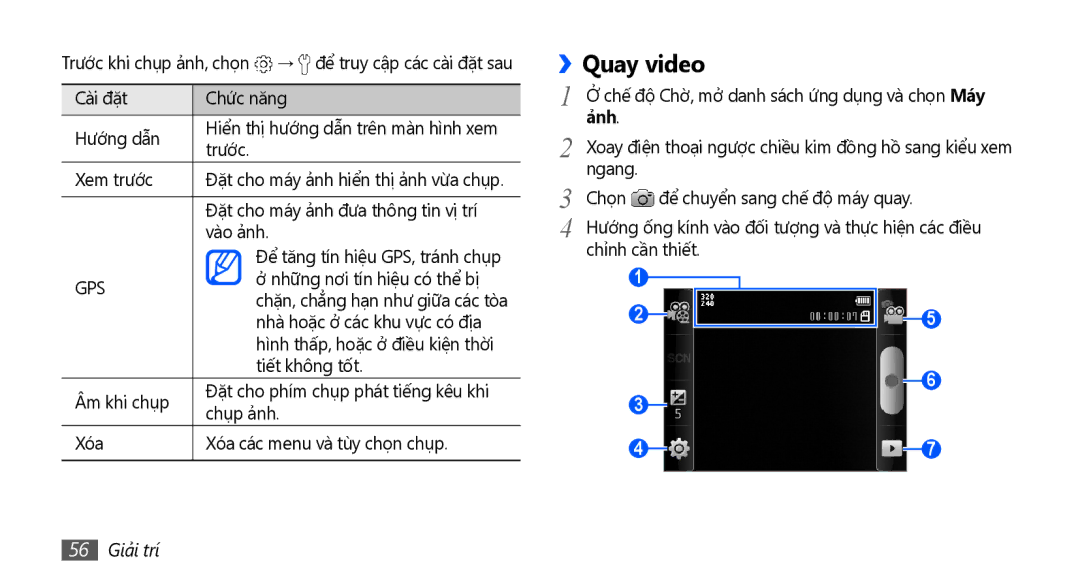 Samsung GT-S5670PWAXXV, GT-S5670HKAXEV, GT-S5670HKAXXV, GT-S5670PWAXEV manual Quay video, 56 Giải trí 