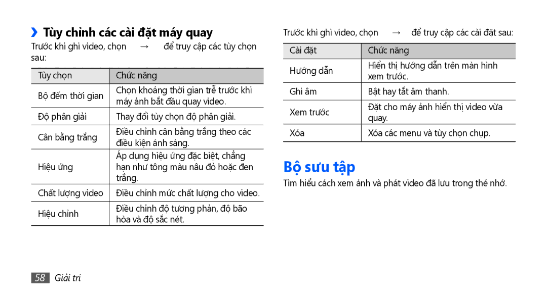 Samsung GT-S5670HKAXXV, GT-S5670PWAXXV, GT-S5670HKAXEV manual Bộ sưu tập, ››Tùy chỉnh các cài đặt máy quay, 58 Giải trí 