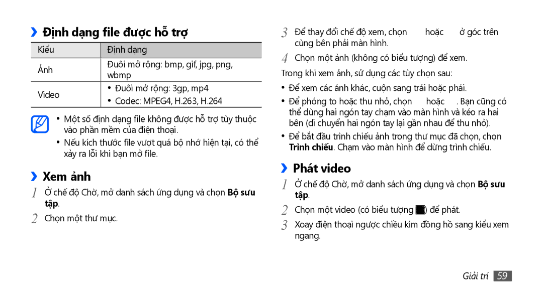 Samsung GT-S5670PWAXEV, GT-S5670PWAXXV, GT-S5670HKAXEV manual ››Định dạng file được hỗ̃ trợ, Xem ả̉nh, Phát video, Tập 