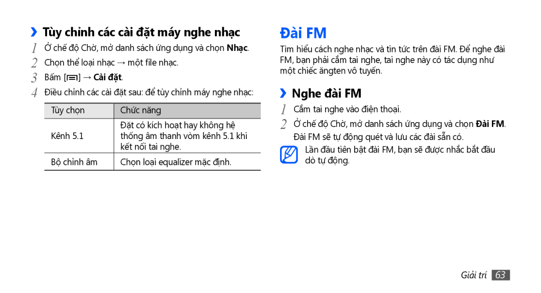 Samsung GT-S5670PWAXEV, GT-S5670PWAXXV, GT-S5670HKAXEV manual Đài FM, ››Tùy chỉnh các cài đặt máy nghe nhạc, Nghe đài FM 