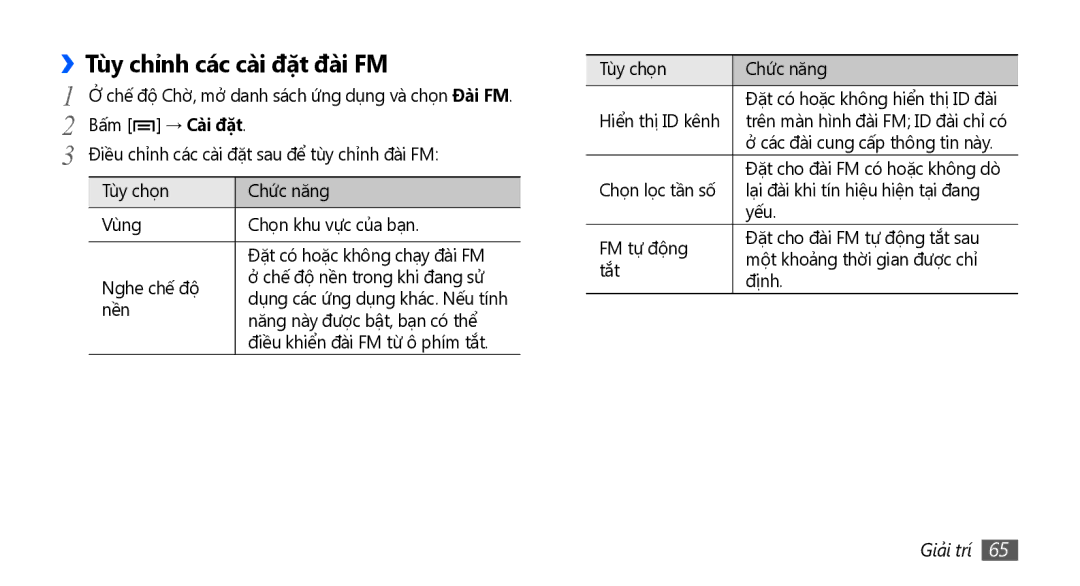 Samsung GT-S5670HKAXEV, GT-S5670PWAXXV, GT-S5670HKAXXV, GT-S5670PWAXEV manual Tùy chỉnh các cài đặt đài FM 