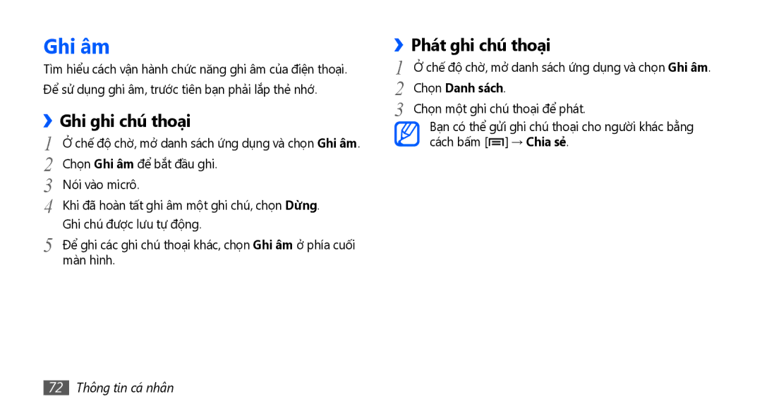 Samsung GT-S5670PWAXXV, GT-S5670HKAXEV Ghi âm, Ghi ghi chú thoại, Phát ghi chú thoại, Chọn Danh sách, 72 Thông tin cá nhân 