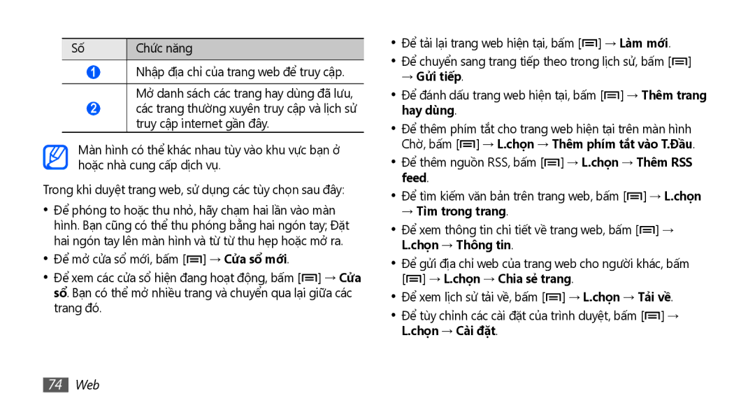 Samsung GT-S5670HKAXXV, GT-S5670PWAXXV, GT-S5670HKAXEV manual → Gưi tiếp, → Tìm trong trang, → L.chọn → Chia sẻ trang, 74 Web 