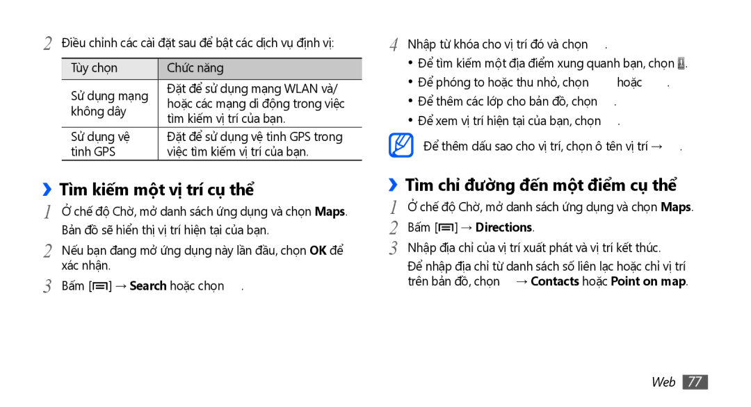 Samsung GT-S5670HKAXEV, GT-S5670PWAXXV ››Tìm kiếm một vị trí cụ thể, ››Tìm chỉ đường đến một điểm cụ thể, Bấm → Directions 