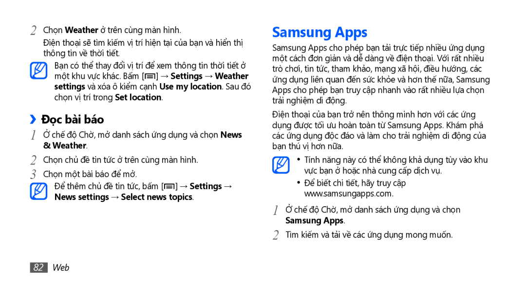 Samsung GT-S5670HKAXXV, GT-S5670PWAXXV, GT-S5670HKAXEV, GT-S5670PWAXEV manual Samsung Apps, Đọc bài báo, 82 Web 