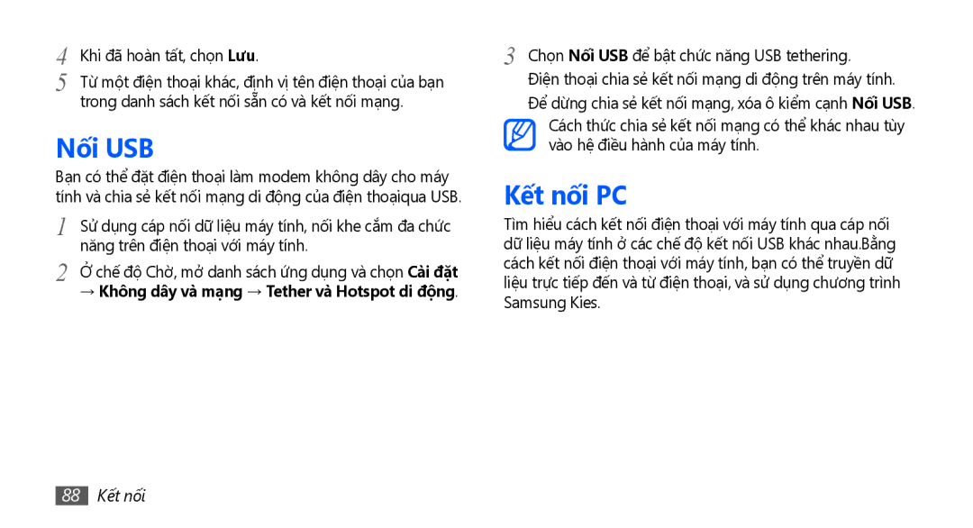 Samsung GT-S5670PWAXXV, GT-S5670HKAXEV, GT-S5670HKAXXV, GT-S5670PWAXEV manual Nối USB, Kết nối PC, 88 Kết nối 