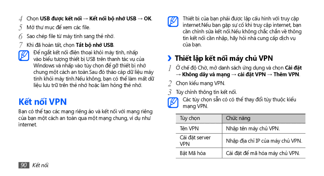 Samsung GT-S5670HKAXXV manual Kết nối VPN, ››Thiết lập kết nối máy chủ VPN, → Không dây và mạng → cài đặt VPN → Thêm VPN 