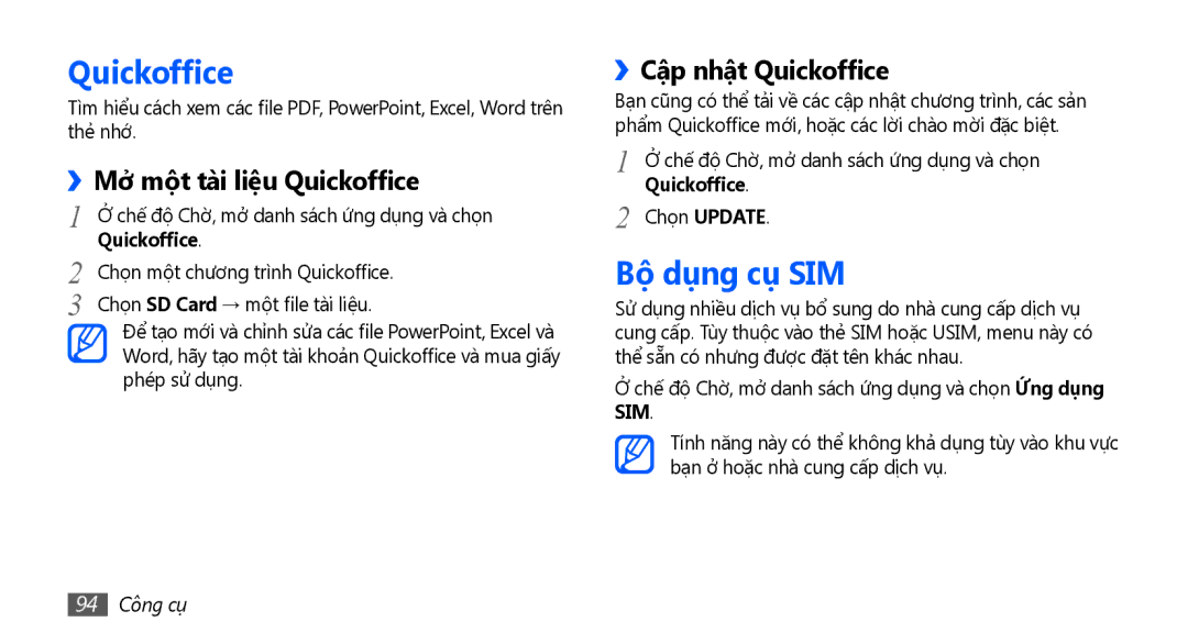 Samsung GT-S5670HKAXXV manual Bộ dụng cụ SIM, ››Mở một tài liệu Quickoffice, ››Cập nhật Quickoffice, 94 Công cụ 