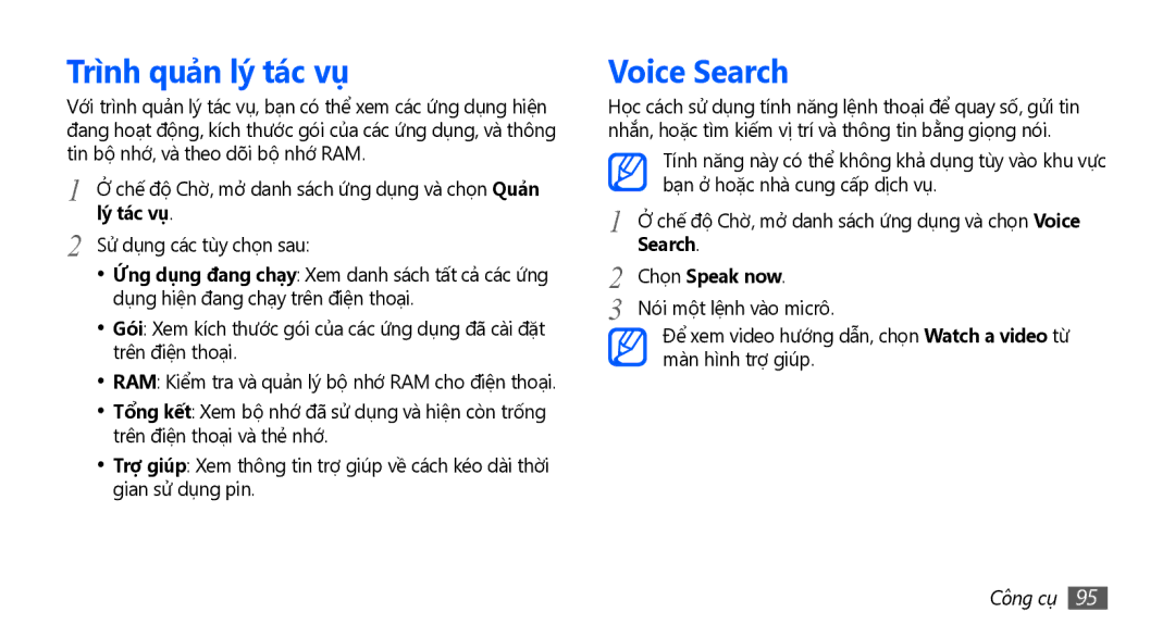 Samsung GT-S5670PWAXEV, GT-S5670PWAXXV, GT-S5670HKAXEV manual Trình quả̉n lý tác vụ, Voice Search, Lý tác vụ, Chọn Speak now 