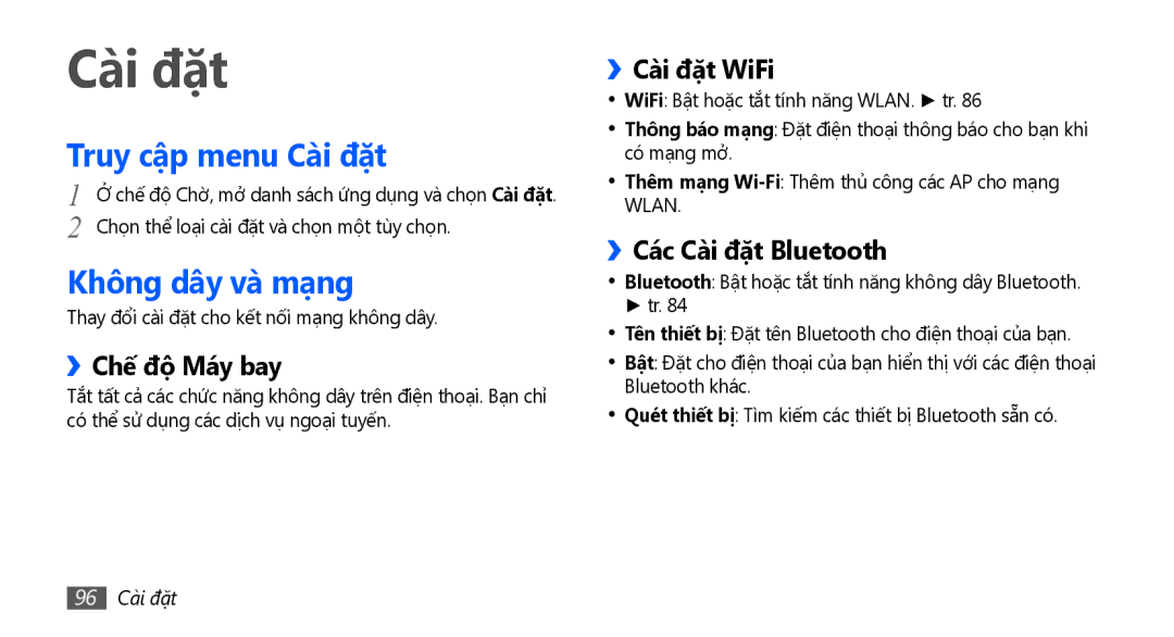 Samsung GT-S5670PWAXXV, GT-S5670HKAXEV, GT-S5670HKAXXV, GT-S5670PWAXEV manual Truy cập menu Cài đặt, Không dây và mạng 