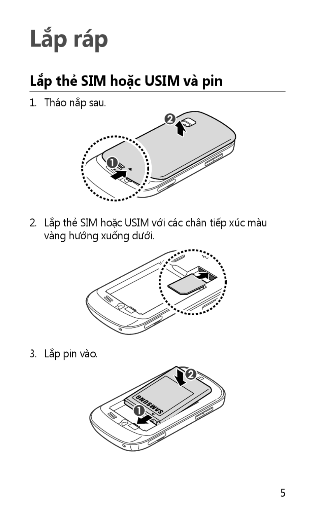 Samsung GT-S5670HKAXEV, GT-S5670PWAXXV, GT-S5670HKAXXV, GT-S5670PWAXEV manual Lắp ráp, Lắp thẻ SIM hoặc Usim và pin 