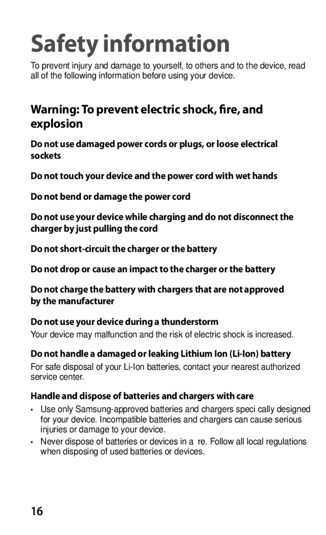 Samsung GT-S5670PWAXXV, GT-S5670HKAXEV manual Safety information, Handle and dispose of batteries and chargers with care 