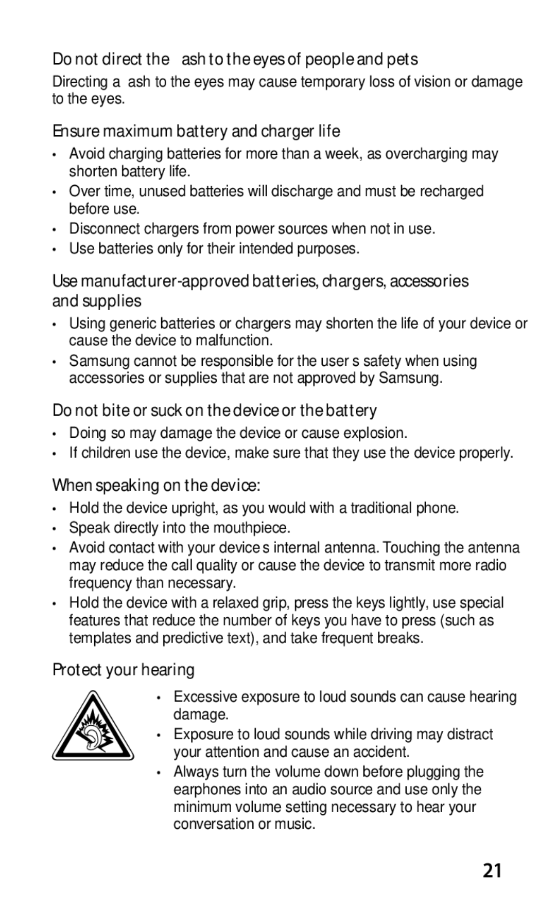 Samsung GT-S5670HKAXEV Do not direct the flash to the eyes of people and pets, Ensure maximum battery and charger life 