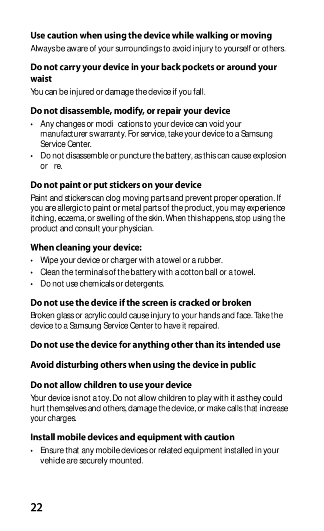 Samsung GT-S5670HKAXXV manual Use caution when using the device while walking or moving, When cleaning your device 